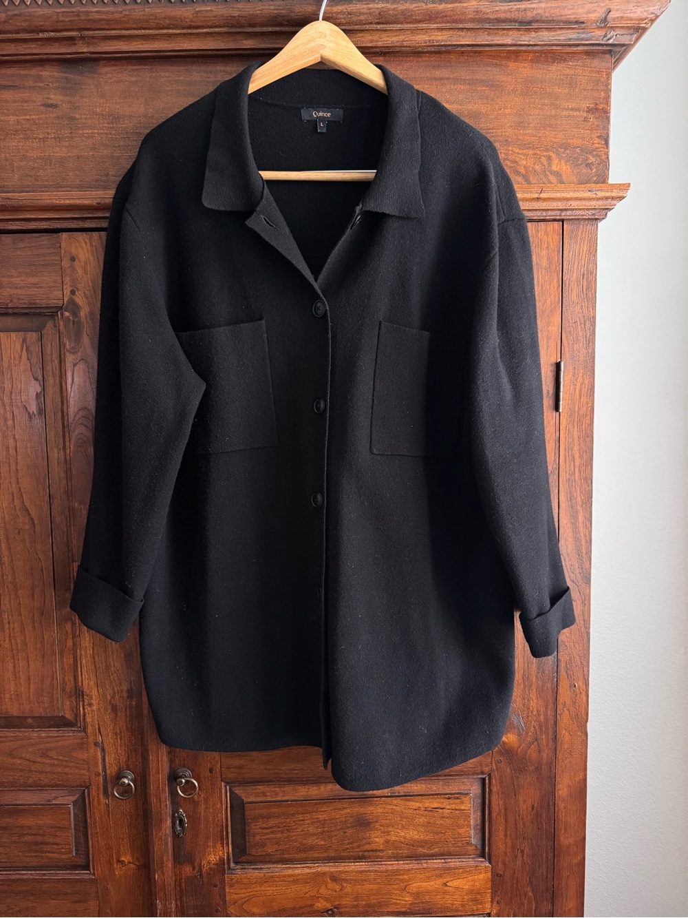 Quince Eco-Knit Milano Stitch Oversized Shirt Jacket Black Large